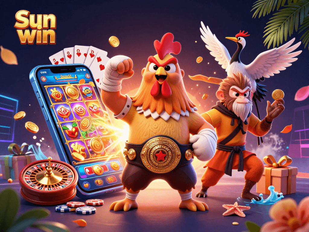 Experience thrilling gameplay at Sun win as cartoon characters engage with vibrant slot games and casino elements.