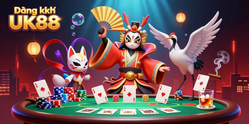 Engage in Đăng ký UK88 with vibrant casino imagery showcasing a kabuki warrior, poker chips, and glowing effects.