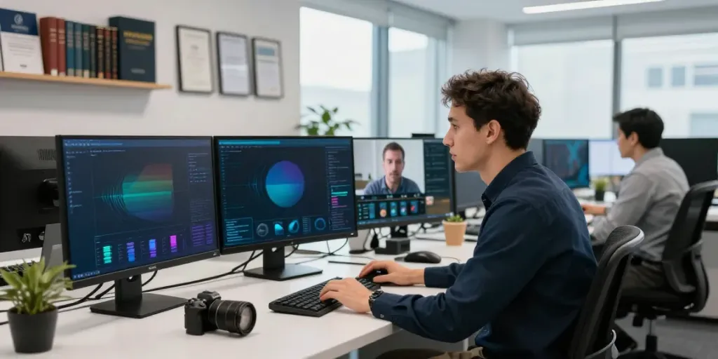 Cybersecurity Frankfurt: IT-Sicherheitsexperte analysiert Sicherheitsdaten im modernen Büro.