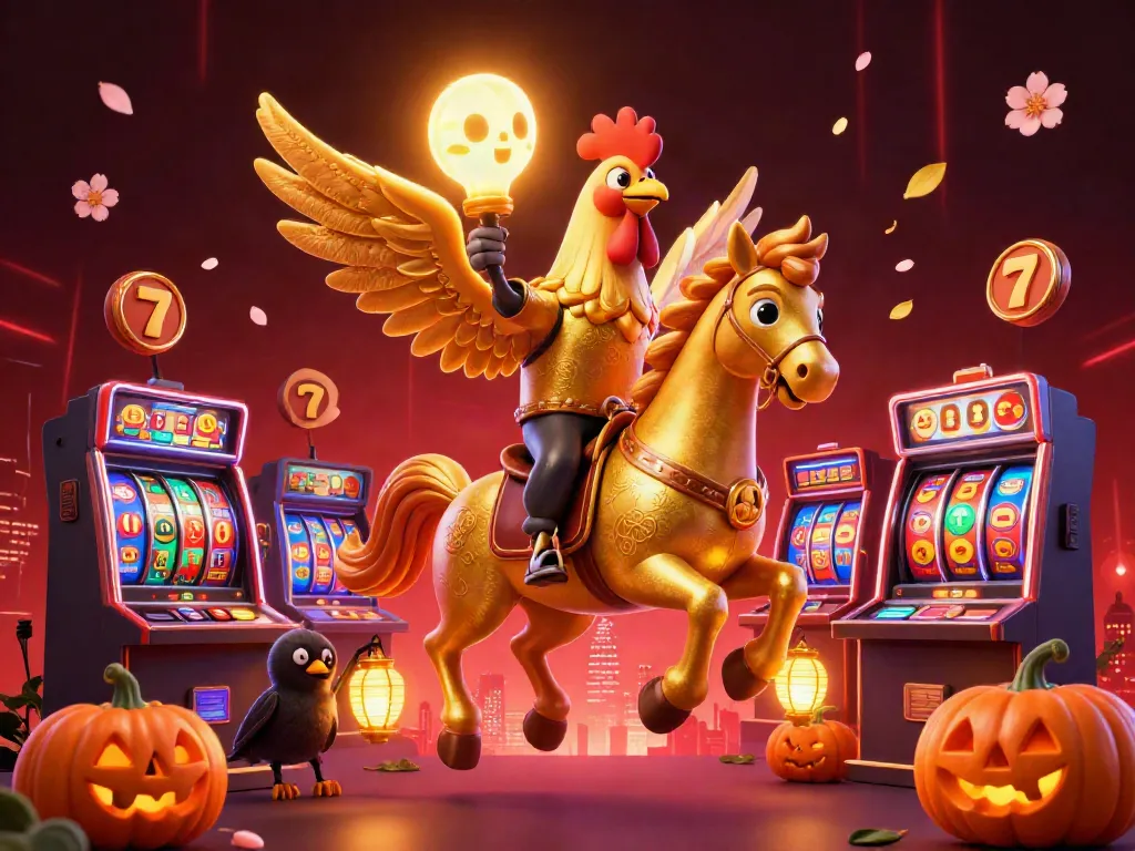 Experience thrilling slot gacor action with a golden rooster riding through a vibrant casino, surrounded by dynamic elements.