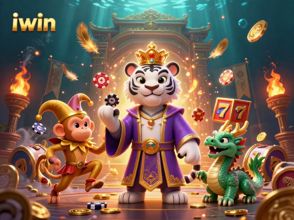 iwin casino scene with a majestic tiger, monkey juggling chips, and vibrant game elements.