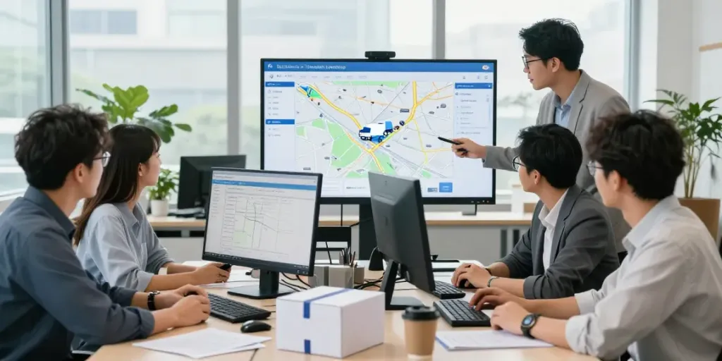 OCARGO Spedition Stuttgart Teamarbeit im modernen Büro zur Planung internationaler Transporte