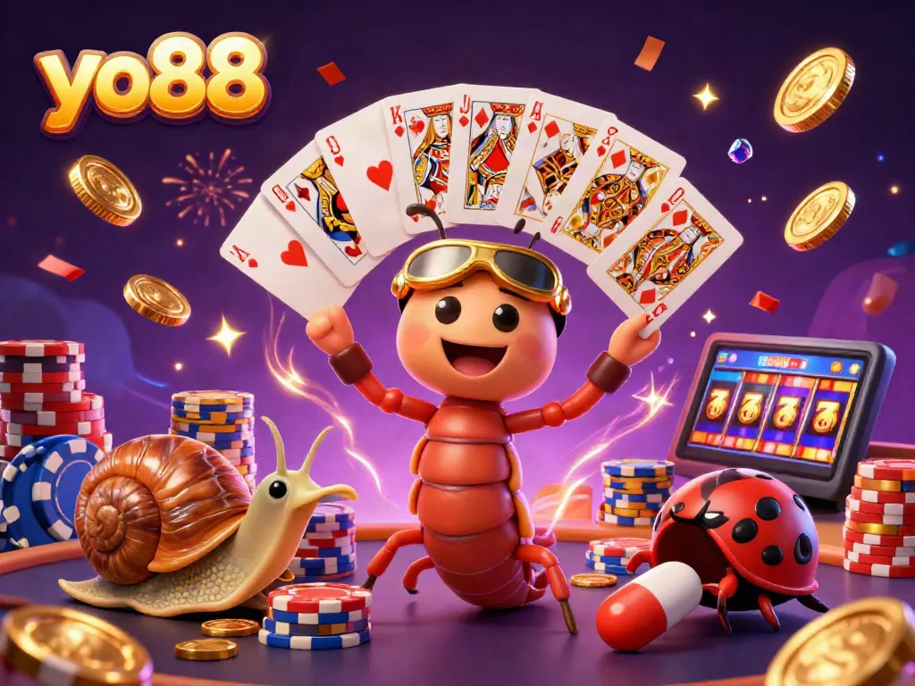 Experience thrilling gameplay at yo88 with a cartoon dealer, high-roller snail, and vibrant casino elements.