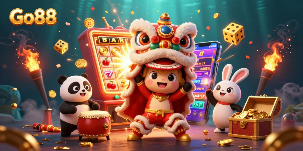 Experience thrilling gameplay with Go88's dynamic gaming elements in this vibrant casino illustration.