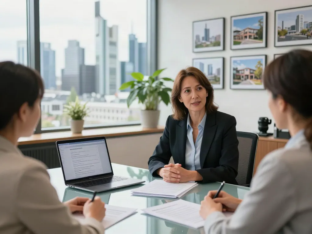 Bester Immobilienmakler Frankfurt in modernem Büro bei Beratungsgespräch mit Kunden.