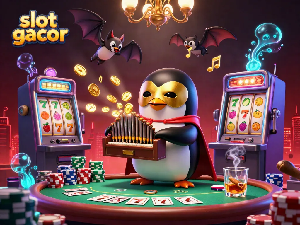 Spin the slot gacor with vibrant symbols and golden coins flying around in a dynamic casino scene.