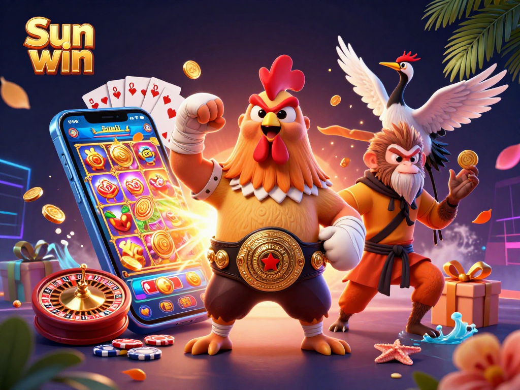 Experience thrilling gameplay at Sun win as cartoon characters engage with vibrant slot games and casino elements.