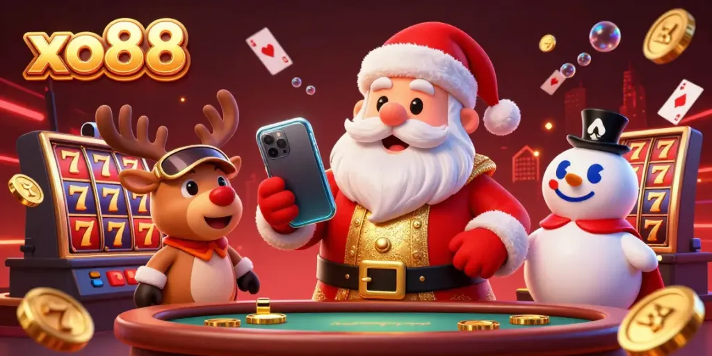 Experience the excitement at xo88 casino with Santa, his reindeer dealer, and a snowman, surrounded by rich slot gaming elements.