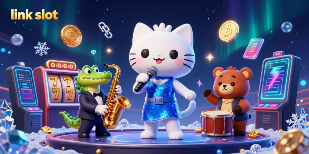 Experience the thrill of a "link slot" with vibrant casino characters and elements.