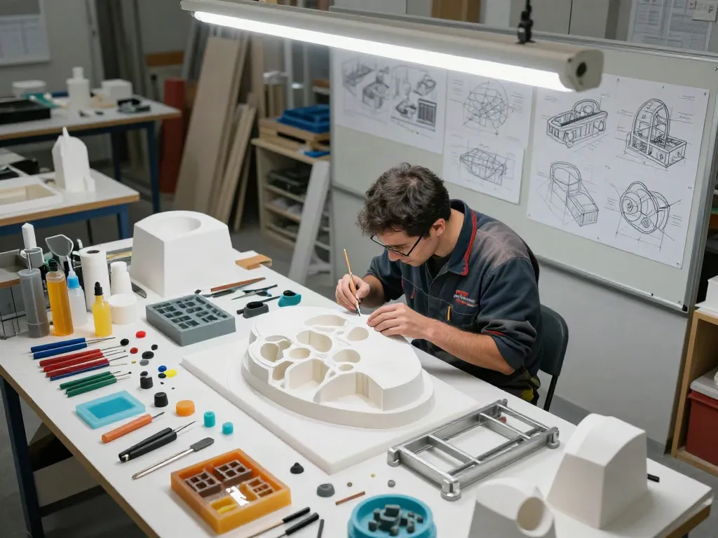 Prototypenbau in der Werkstatt mit Handwerker und Modellen.