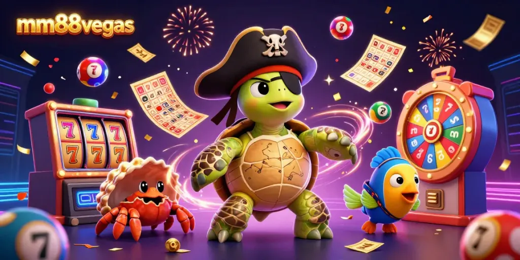 Experience the excitement of mm88vegas with a vibrant casino scene featuring a pirate turtle and lottery elements.