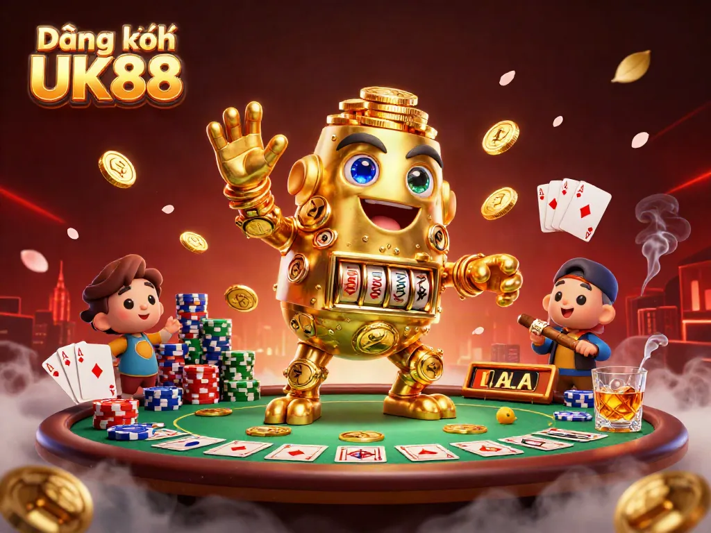 Participate in Đăng ký UK88 with a golden golem surrounded by a poker scene, enhancing your gaming experience.