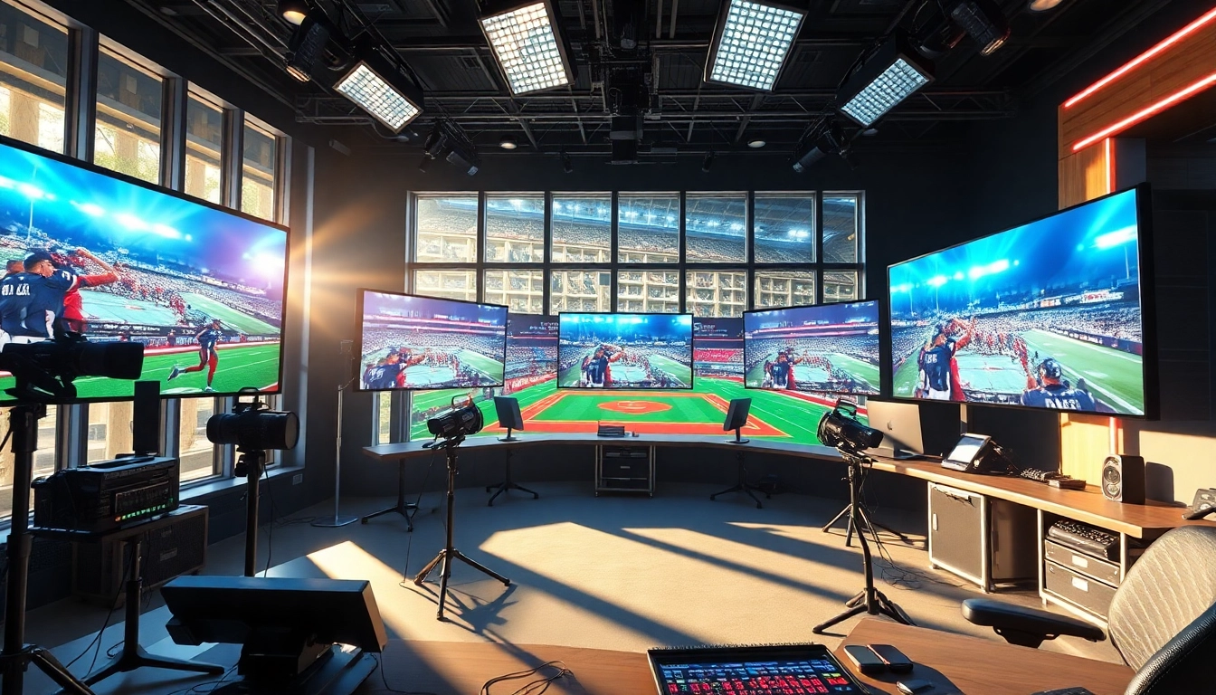 Engaging scene of Sports Broadcasting setup with screens and dynamic action in a modern studio.