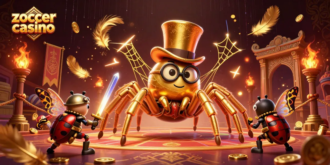 Zoccer casino showcases an exciting battle scene with a golden tarantula and heroic beetle knight.