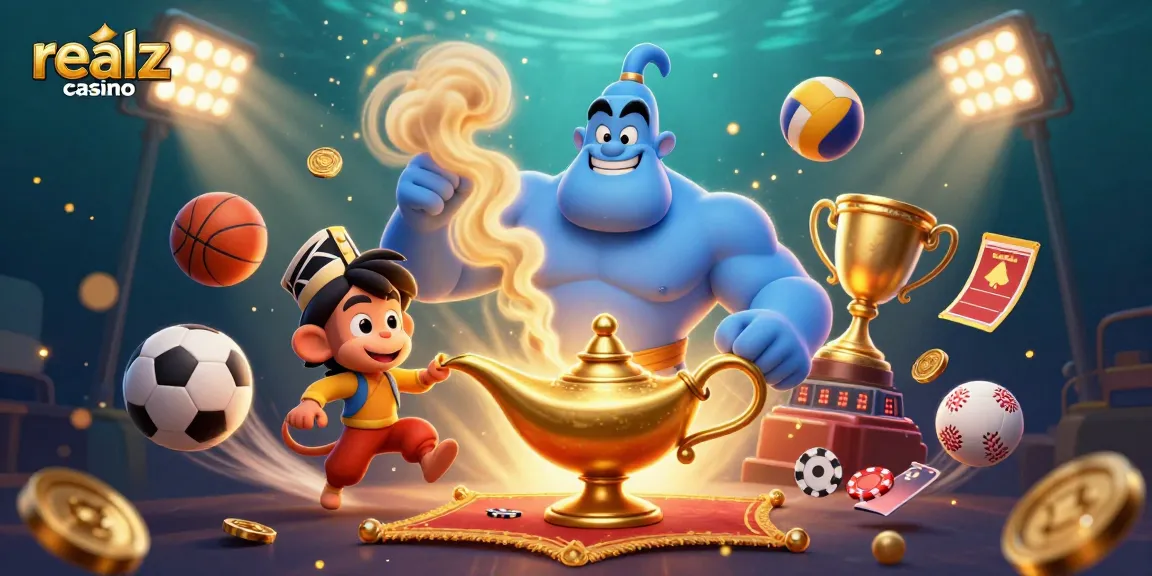 Engage with realz casino through a magical scene with a genie, coins, and dynamic sports elements.