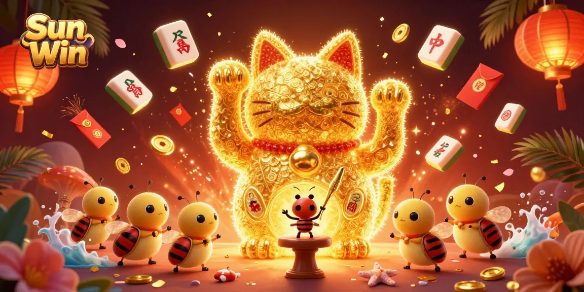 Experience the excitement of Sun Win with a giant lucky cat, golden fireflies, and festive casino items