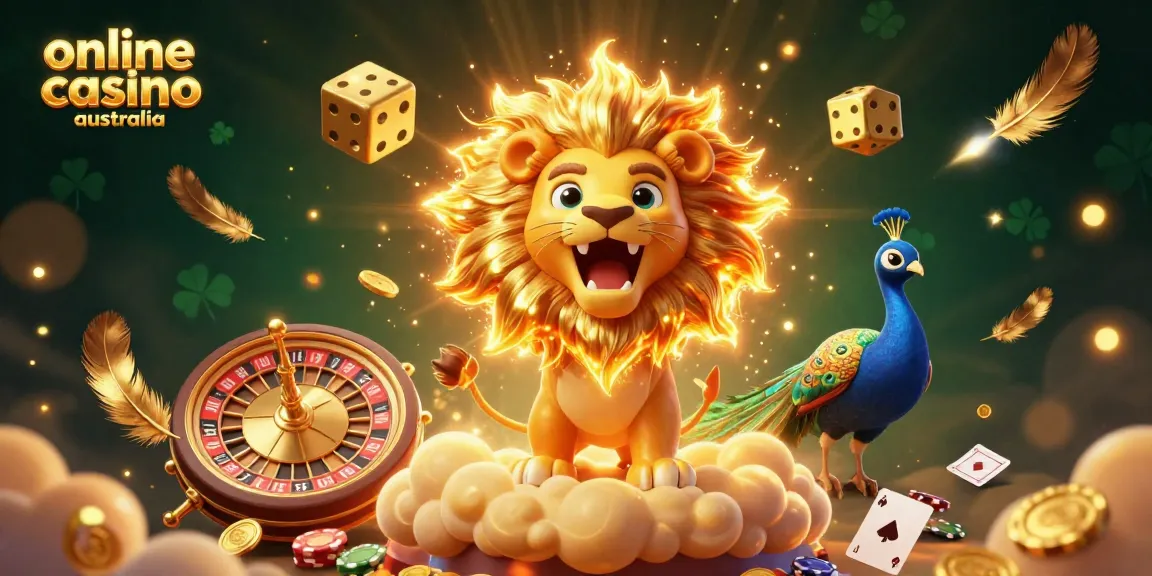 Experience vibrant gaming fun at online casino australia with a roaring sun lion, golden dice, and exciting game elements.