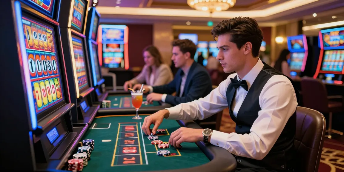 Engaging scene of a player at a สล็อตเว็บตรง machine in a modern casino environment, combining excitement and entertainment.