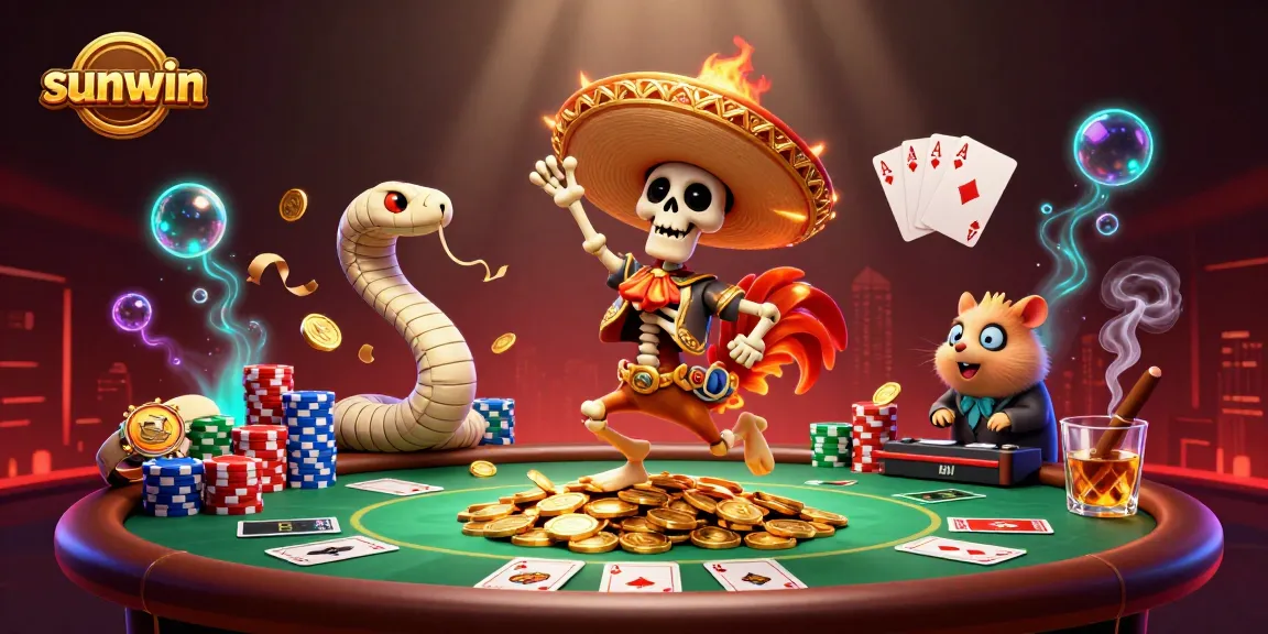 Experience thrilling wins at sunwin with a vibrant illustration of casino games featuring a dancing mariachi rooster and a DJ hamster.