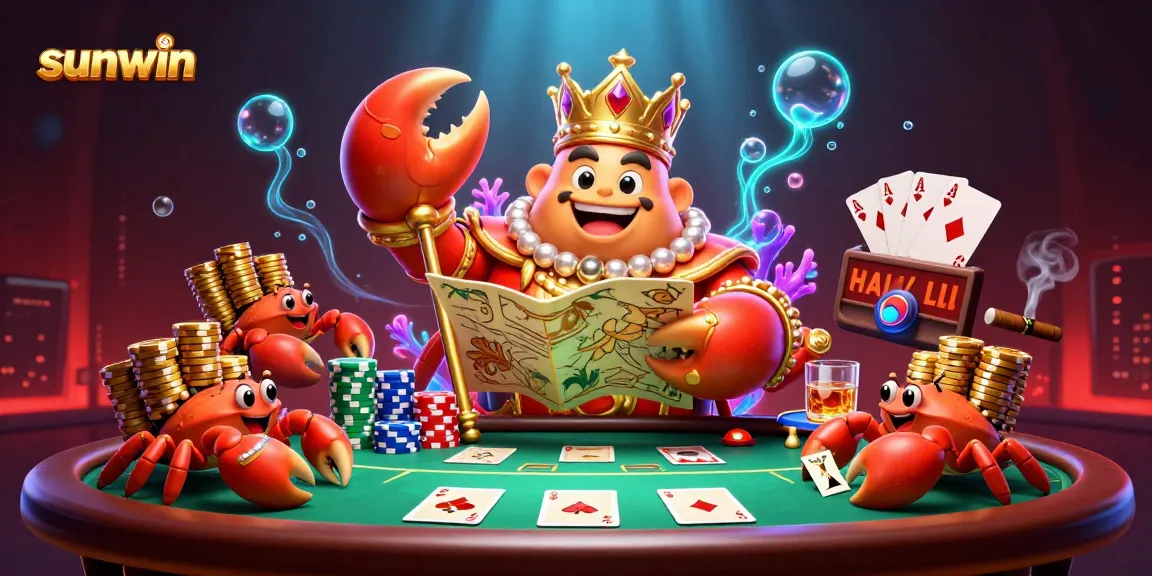 Experience the excitement of sunwin casino with cartoon crab emperor and poker scene.
