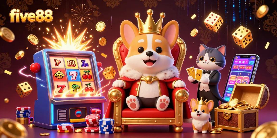 Experience the charm of five88 with a joyful royal corgi surrounded by colorful casino elements.